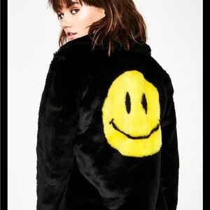 Delia’s Y2K 90s Inspired Sz: M yellow smiley face black shaggy faux fur Coat.